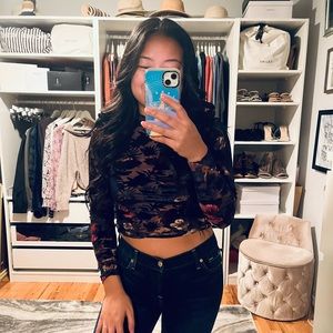 MINT VANILLA Mesh Velvet Pattern Cropped Long Sleeve